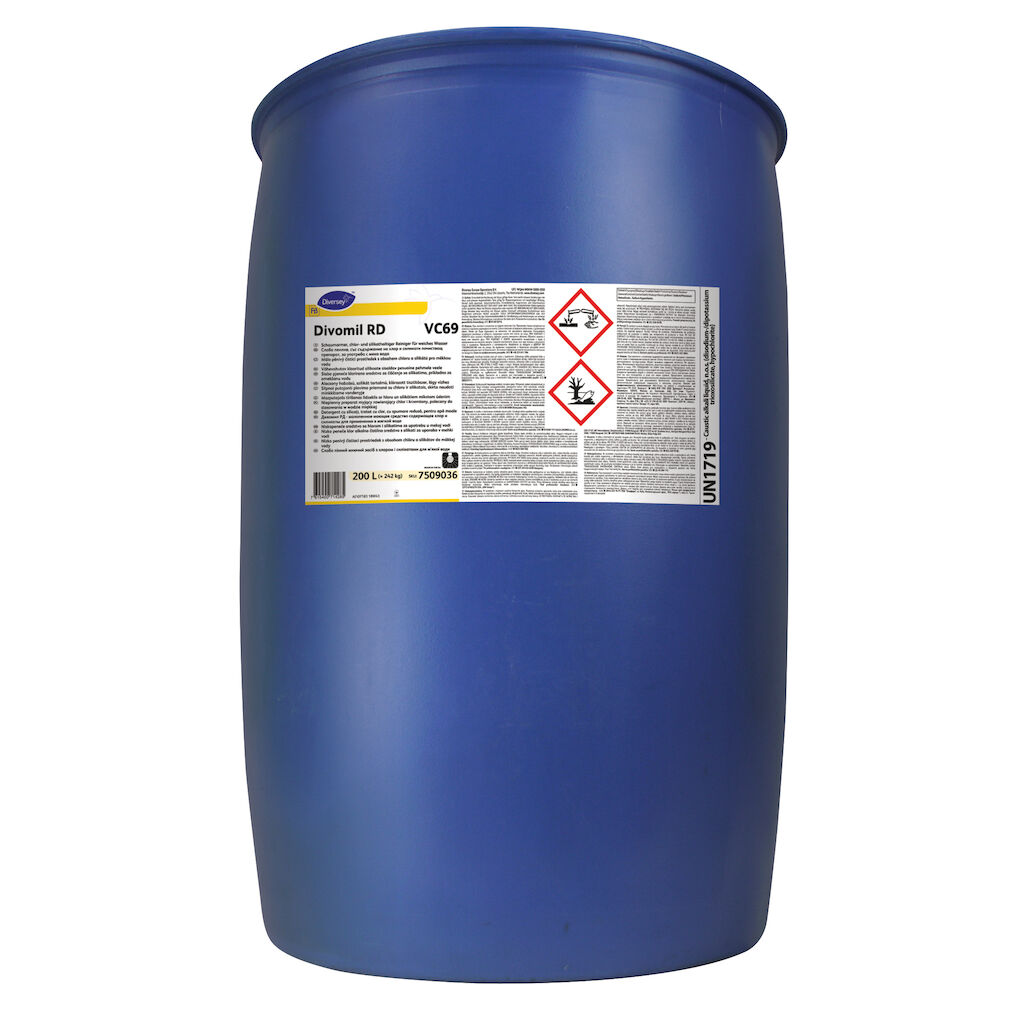Divomil RD VC69 200L - Alacsony habzású, szilikát tartalmú, klórozott tisztítószer, lágy vízhez